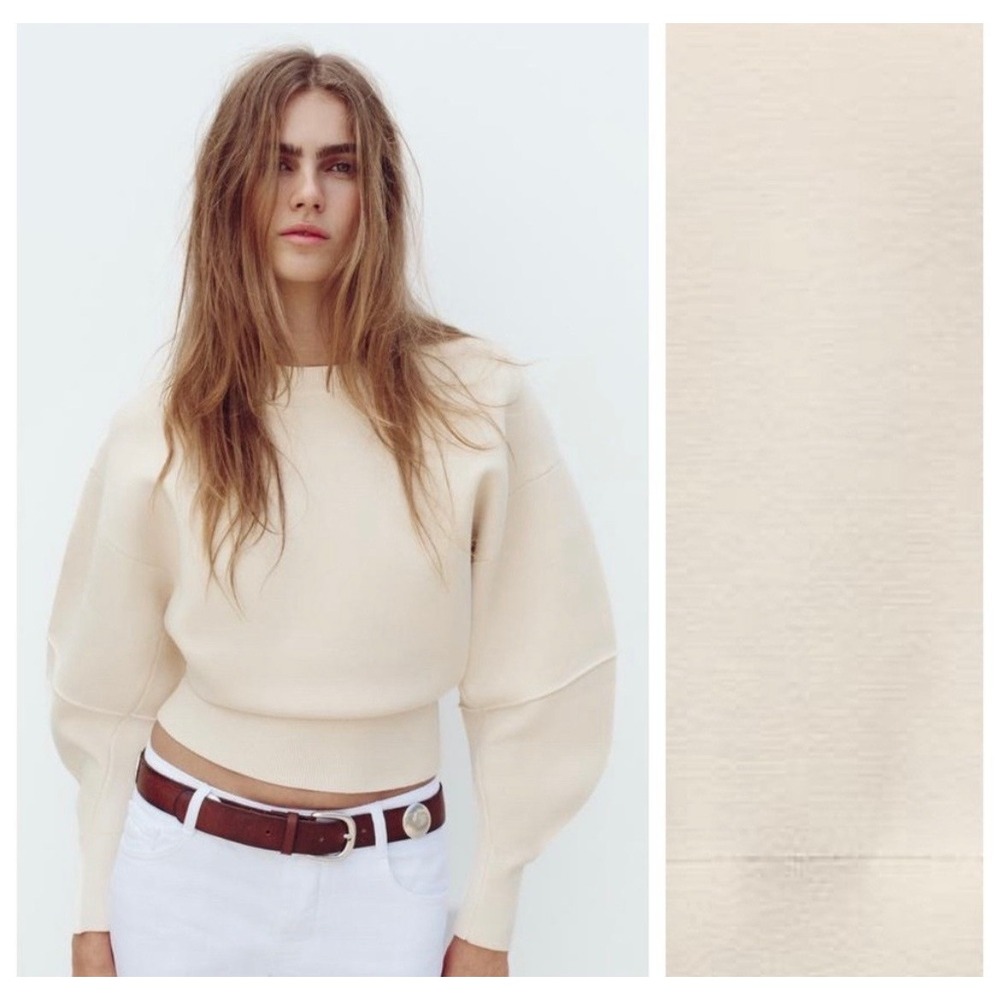 Zara Cropped Knit Sweater Batwing Sleeve Ecru‎ Cream Small